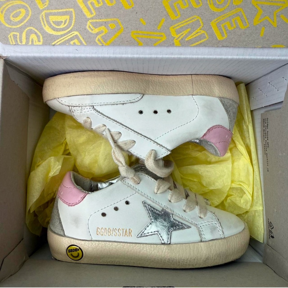 Golden Goose Kids White Sneakers with Pink Heel and Silver Star
